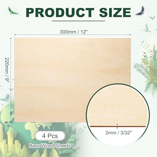 HARFINGTON 4pcs 2mm Basswood Plywood Sheet 12"x9"x3/32 Thin Plywood Board - size: 12"x9"x3/32"(2mm Thick)