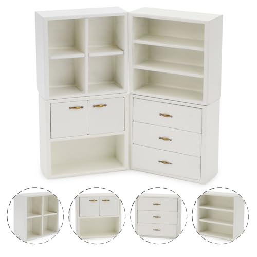 Dollhouse Miniature Furniture Set 4PCS Wooden Cabinet Cupboard 1:12 Dollhouse Various Styles DIY Freely Combinable Furniture Kit Kitchen Bedroom Living Room Display Ornaments (White) - style: White