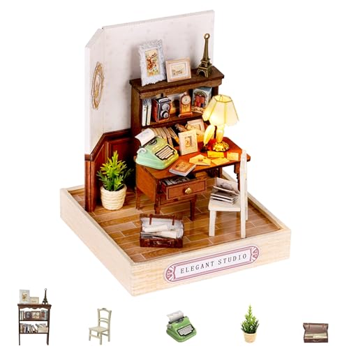 Kisoy Dollhouse Miniature with Furniture Kit, DIY 3D Wooden DIY House Kit with Dust Cover,Handmade Tiny House Toys for Teens Adults Gift(Elegant Studio) - color: Elegant Studio