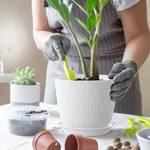 WSMKSZ 7 inch Plant Pots, 5 Pack Flower Pots with Drainage Holes and Saucers for Indoor Plants, Plastic Planters with Water Ripple for Small Garden House Plants, Nursery Pots for Succulent, White - color: White, size: 7inch 5pcs