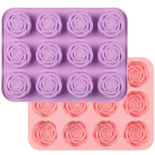 24 Cavity Rose Silicone Mold for Chocolate,2PCS Roses Soap Molds for Chocolate,Cream Cheese,Candy,Ice Cube, Jello, Jelly, Candles, Soaps, Cupcake Summer Wedding Desserts Decorations - color: 24-Cavity Pink&Purple