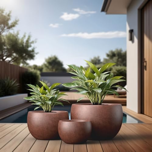 Kante Set of 3 Rusty Concrete Bowl Planters 19.9" 15.7" 11.8" Dia - color: Rusty, size: 19.9"D + 15.7"D + 11.8"D