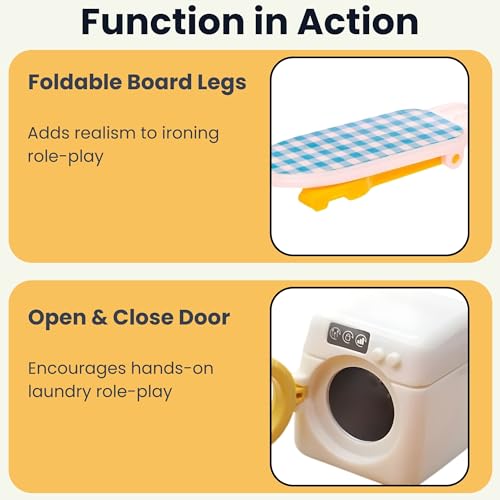 Family Dollhouse Laundry Set — Washing Machine, Ironing Board & Iron, Vacuum, Storage Stand & Rolling Cart — Dollhouse Furniture & Accessories for Ages 3+ - style: Laundry Set