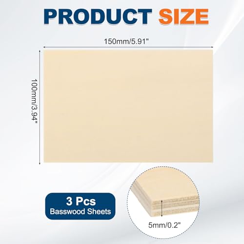 MECCANIXITY 3pcs Basswood Sheets 6x4 x 3/16" Unfinished Wood Boards Plywood - size: 6 x 4 x 3/16 Inch