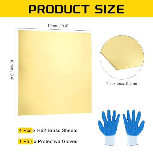 MECCANIXITY Brass Sheet, 0.4" X 0.4" 32 Gauge(0.2mm) Thickness H62 Brass Metal Plates Thin Metal Sheets with Gloves for Craft DIY Model Jewelry Electrical Repair Industrial, Pack of 4, Gold - size: 0.4" x 0.4" 32 Gauge(0.2mm)