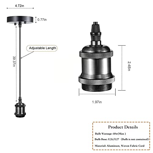 Vintage Mini Pendant Light Cord Kit, Industrial Edison Retro Pendant Light UL Lamp Holder Fixture E26 E27 Lamp Socket, 3.94ft Adjustable Woven Fabric Hanging Light Cord Kit (Black)