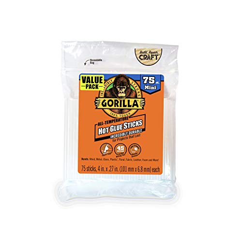 Gorilla Hot Glue Sticks, Clear, Mini Size, 75 Count, 4" Long x 0.27"