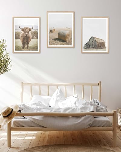 HesenDot Farmhouse Highland Cow Natural OAK Wood Framed Wall Art, 12x16in - color: Framed Highland Cow