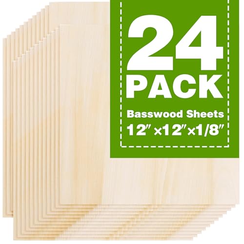 Basswood Sheets 12"x12"x1/8",3mm Basswood for Laser Cutting,Thin Plywood Board Unfinished Wood for Crafts, DIY Architectural Models Making, Wood Engraving (12inchx12inch-1/8-24Packs) - size: 12inchx12inch-1/8-24Packs