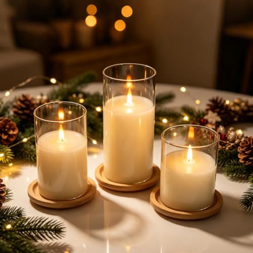 NICEME Clear Glass Flameless Candles Battery Operated with Remote Timer, Real Wax LED Pillar Candles with Flickering Flame Pure White Radiance Evanescing Fake Candles for Wedding Home Decor, Set of 3 - color: White + Clear Glass, size: D 3”×H 4”5”6”