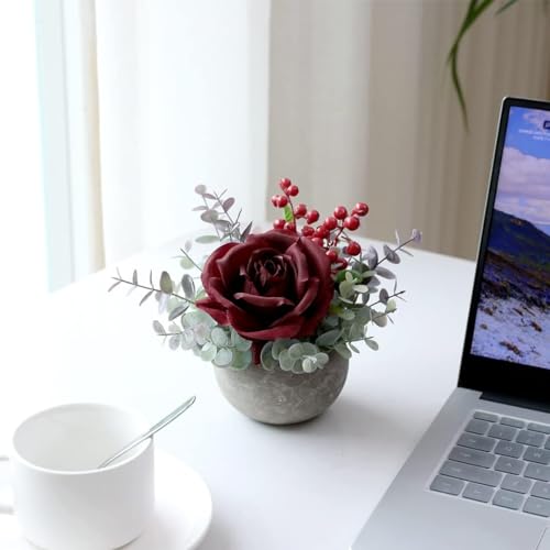 Small Artificial Burgundy Rose Potted Plant, 2 Pcs Mini Faux Decor - color: 2pcs Burgundy
