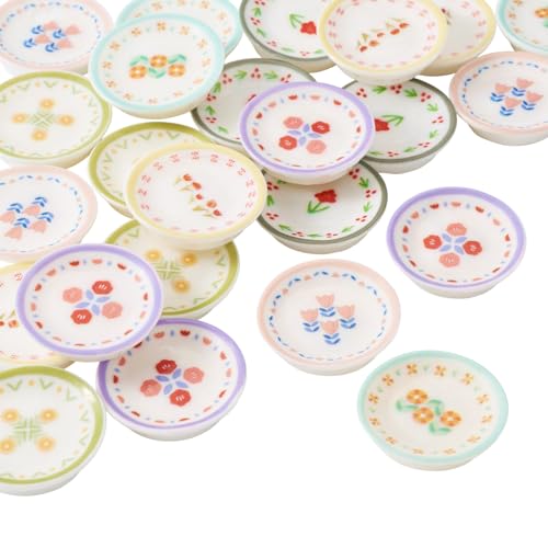 FASHEWELRY 24Pcs Mini Plates Dollhouse Miniature Accessories Resin Plate with Flower Pattern Playhouse Dishes Kitchen Tableware Models for Micro Landscape Decoration Pretend Kitchen Play Game - color: Round Plate With Floral
