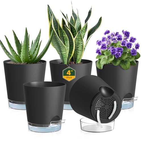Meowell 4 inch Self Watering Pots for Indoor Plants, 5 Pack Small Flower Plant Pots with Drainage Holes and Clear Reservoirs, Visible Water Level, Plastic Planters with Wicking Rope, Black - color: Black, size: 4in 5pcs
