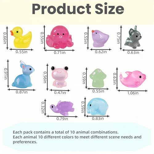 100 Pcs Luminous Mini Resin Animals, Tiny Miniature Sea Animal Figurines Glow in Dark for Crafts Landscape Miniature Garden Decor Accessories, Small Duck Frog Dog Turtle 10 Combinations