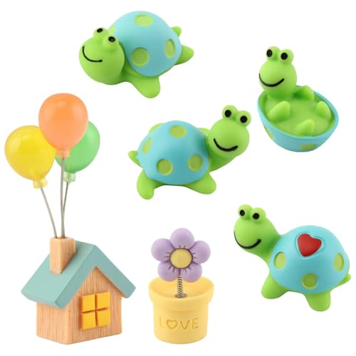 4 Pcs Mini Resin Tortoise Figurines with Blue Small House Balloon, Small Flowerpot, Cute Car Dashboard Decor, Rearview Mirror Ornaments, Fairy Garden Landscape Decor