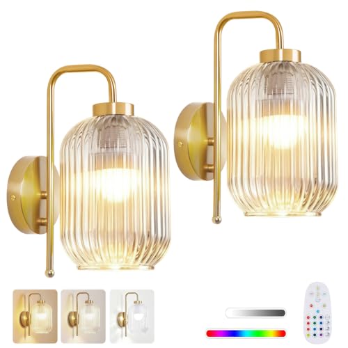 Vintage Battery Operated Wall Sconces, Clear Glass Lampshade - color: Gold-Clear Shade