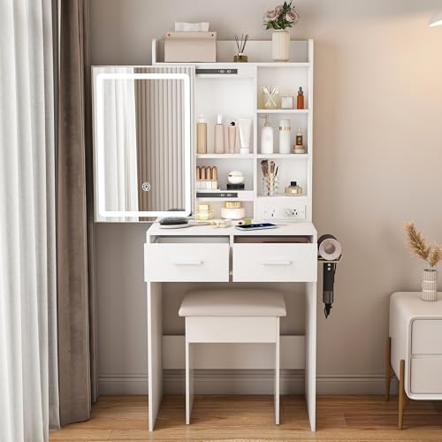Small Makeup Vanity Desk with Lighted Mirror & Charging Station, Compact Vanity Set with Stool, Hair Dryer Holder, 2 Drawers & Storage Shelves, Space-Saving for Girls Bedroom (White) - color: White
