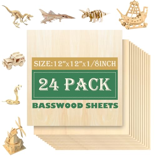 24 Pack 12"x12"Basswood Sheets 1/8",3mm Basswood for Laser Cutting,3mm Plywood Unfinished Wood Craft Wood for DIY Ornaments and Models Drawing Painting Engraving Wood Burning and Laser Cutting