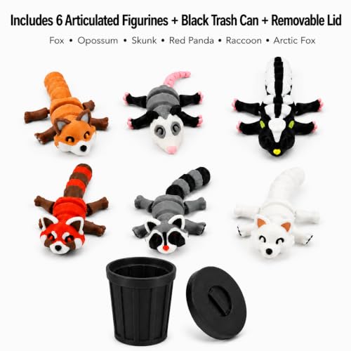 3D-Printed Woodland Animal Figurines, 8-Piece Articulated Raccoon, Fox, Skunk, Opossum, Red Panda and Arctic Fox Set with Black Trash Can - color: Black