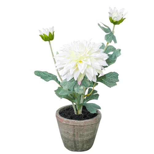 White Artificial Dahlia Flowers in Pot, Faux Floral Decor - color: Dahlia White