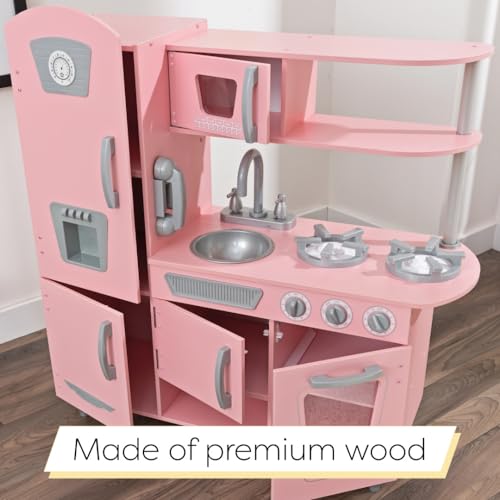 KidKraft Vintage Wooden Play Kitchen with Pretend Ice Maker and Play Phone, Pink - color: Pink