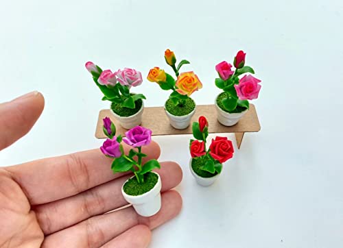 5 Miniature Roses Fridge Tiny Magnets Flower Clay Pots Collection Set Ceramic Plants Scale 1:12 For Gifts Home Office Kitchen Decoration