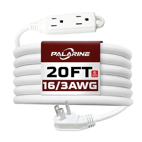 20 Ft White Flat Plug Extension Cord with 3 Outlets, 16 Gauge Heavy Duty - color: White, size: 20 FT