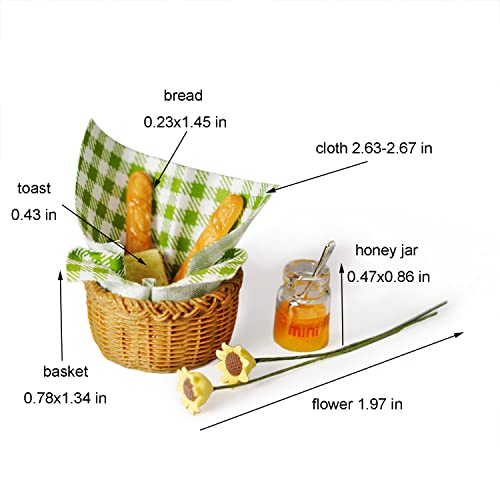 Miniature Food Dollhouse Accessories Garden Decor 1:12 Scale Bread Honey Picnic Basket Cloth Flowers 9PCS Garden Decoration Mini Room Display Props Model (Red Picnic Cloth) - style: Red Picnic Cloth