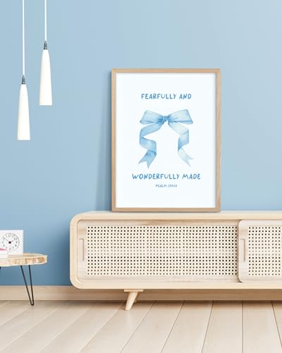 HesenDot Blue Bow Psalm 139:14 Bible Verse OAK Frame Wall Art 12x16in - color: Blue Bow Psalm 139:14