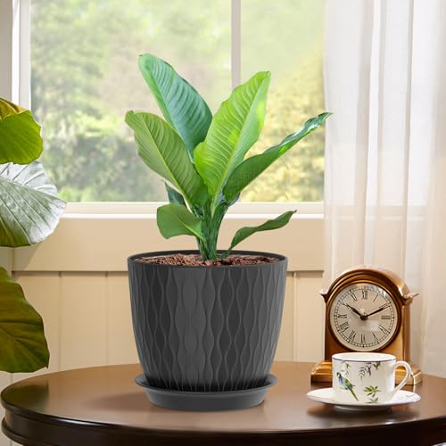 WSMKSZ 7 inch Plant Pots, 5 Pack Flower Pots with Drainage Holes and Saucers for Indoor Plants, Plastic Planters with Water Ripple for Small Garden House Plants, Nursery Pots for Succulent, Black - color: Black, size: 7inch 5pcs