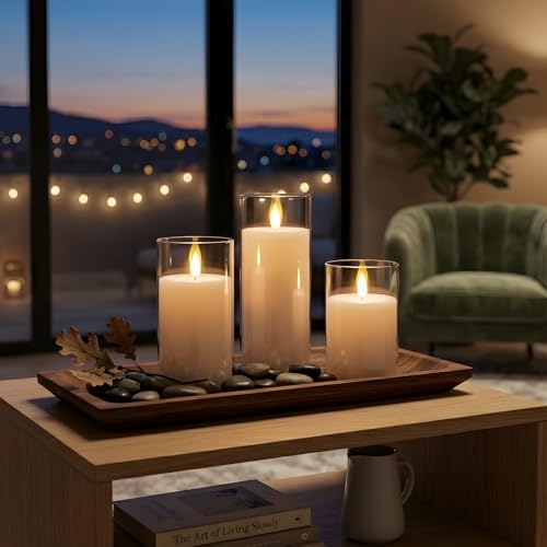 NICEME Flickering Flameless Candles with Remote Control Timer Unbreakable Acrylic Battery Operated LED Candles with Flickering Flame 3D Wick for Romantic Ambience Home Decor Set of 3, D3” xH4” 5” 6” - color: Ivory + Clear Acrylic, size: D 3”×H 4”5”6”