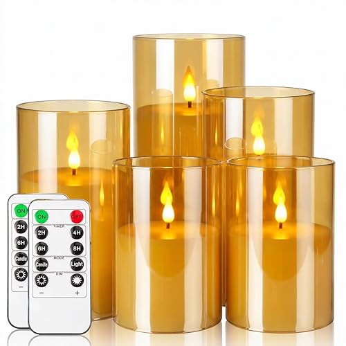 NICEME Amber Flickering Flameless Candles Battery Operated Acrylic LED Pillar Candles with Remote Control and Timer Flameless Halloween Candles for Thanksgiving Christmas New Year Home Decor, Set of 5 - color: Ivory + Amber Acrylic, size: D 3”×H 4”4”5”5”6