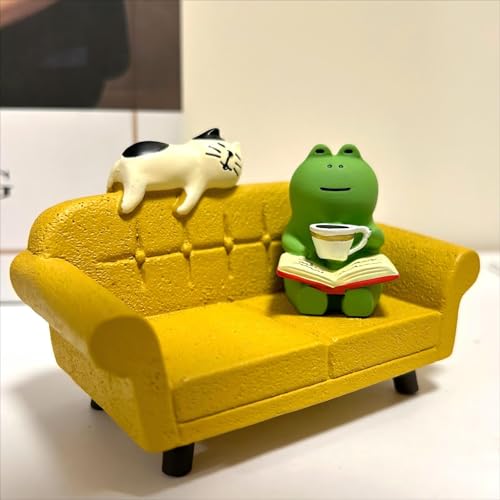 Miniature Yellow Sofa Figurine Set with Reading Frog and Cat, Cute Desk Decor, Funny Gifts for Frog and Cat Lovers - style: Yellow Sofa Frog