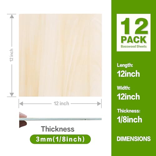 Basswood Sheets 12"x12"x1/8",3mm Basswood for Laser Cutting,Thin Plywood Board Unfinished Wood for Crafts, DIY Architectural Models Making, Wood Engraving (12inchx12inch-1/8-12Packs) - size: 12inchx12inch-1/8-12Packs