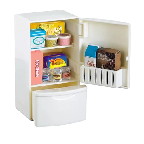 Family Dollhouse Refrigerator Set — Mini Fridge with Opening Doors, Interior Shelves, Milk Carton, Yogurt Tub, Ice Cream Cups & Topping Jars — Dollhouse Furniture & Accessories for Ages 3+ - style: Refrigerator Set