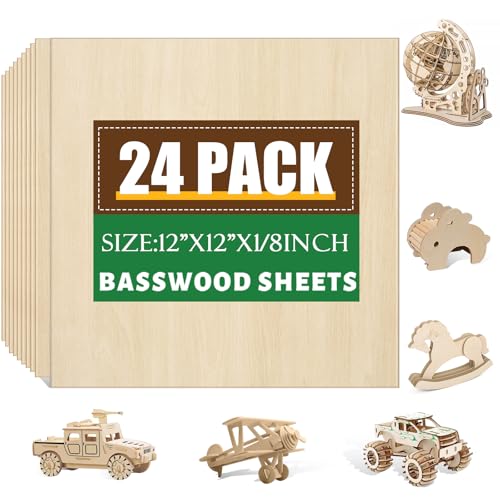 24 Pack Basswood Sheets 1/8 x 12 x 12 Inch for Crafts, Basswood Sheets Plywood Sheets for Laser Cutting & Engraving, Architectural Models.Unfinished Wood Sheets for DIY Projects. - size: 24P 12x12x1/8in