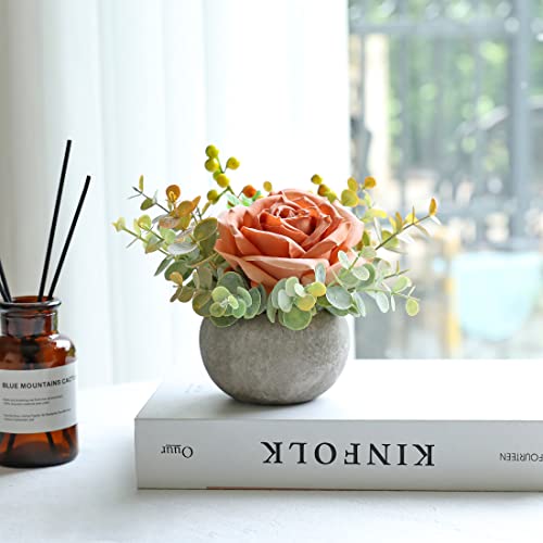 Small Artificial Orange Rose Potted Plant, Mini Faux Floral Decor - color: Orange