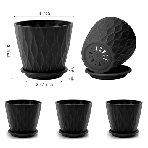YNNICO 4 inch Plant Pots for Indoor with Drainage Holes and Tray Saucers - color: Black, size: 4 inch