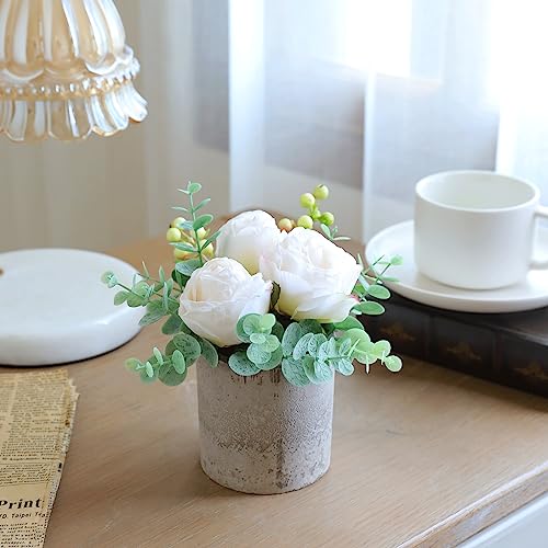 Artificial Burnt White Rose Potted Plant, Mini Faux Floral Decor - color: Burnt White