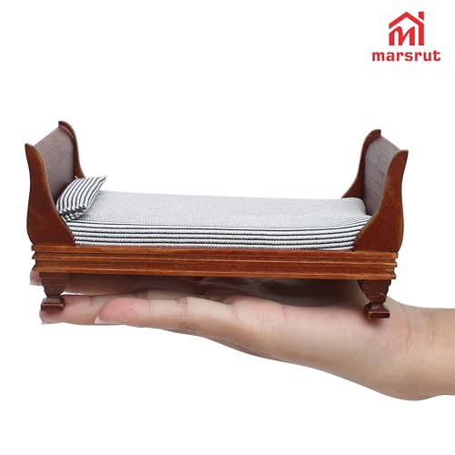 1:12 Scale Doll House Miniature Single Bed with Bedding Fabric & Pillow, Wooden Vintage Victorian European Style Bedroom Furniture Decor Christmas Accessories, Mini Sleigh Bed for 6 Inch Dolls