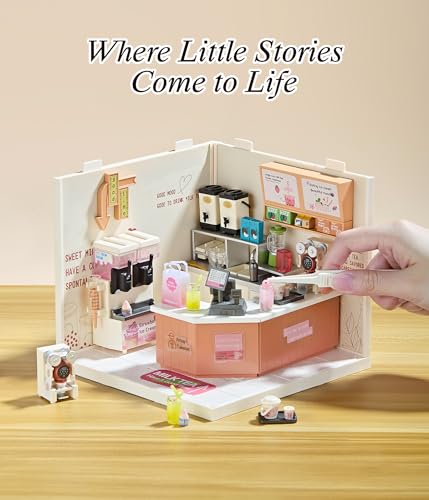Bubble Tea Shop DIY Miniature House Kit with Roof & LED Light, Stackable & Connectable Dollhouse Kit with Dustproof Doors, Creative DIY Crafts Building Toy Gift for Adults Teens - color: Milk Tea Shop, size: Meduim
