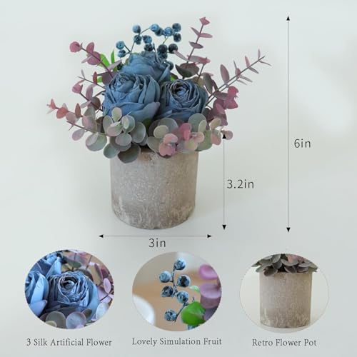 Artificial Burnt Blue Rose Potted Plant, 2 Pcs Mini Faux Decor - color: 2pcs Burnt Blue