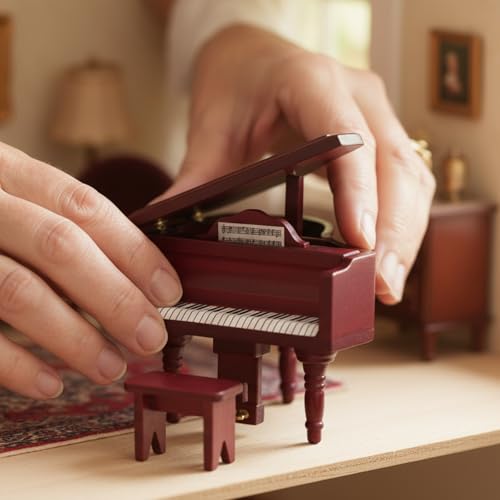Miniature Piano for Dollhouse Furniture Upright Grand Piano with Stool Instrument 1 12 Ornament Artificial House Scene Accessories Desktop Decoration (Red) - style: Red