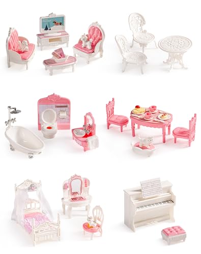 ROBUD Dollhouse Furniture, Pink Doll House Accessories and Furniture for Dining Room, Bathroom, Bedroomn,Living Room, Dollhouse Accessories Pretend Play Furniture Toys for Kids, WDHXX