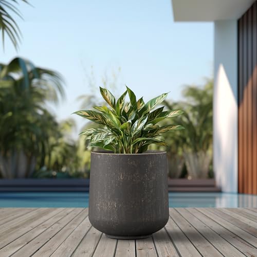 Kante Large Round Curved Vintage BRN Concrete Planter 16.5" Dia, Outdoor - color: Oil Rubbed Bronze, size: 15.3" D