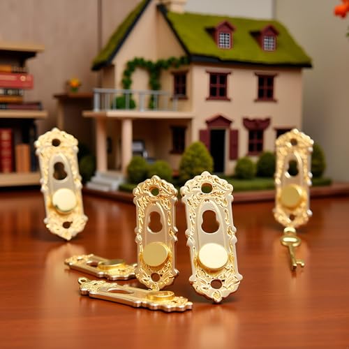 4 Set Gold 1/12 Miniature Door Knob Lock and Key Dollhouse Decoration Accessories，Dollhouse Accessories，Dollhouse Decor