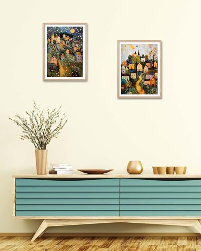HesenDot Gustav Klimt Moon Stars Natural OAK Wood Framed Wall Art,12x16in - color: Framed Gustav Klimt Oak Wood
