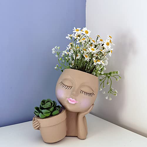 Dolkgy Face Planters Pots Head Planter, Unique Plant Pots for Indoor Outdoor Plants, Novelty Cute Large Girl Head Flower Pots with Drainage Hole for Home Garden Succulents Cactus - color: C1-khaki