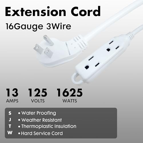 3 Ft White Flat Plug Extension Cord with 3 Outlets, 16 Gauge Heavy Duty - color: White, size: 3 FT