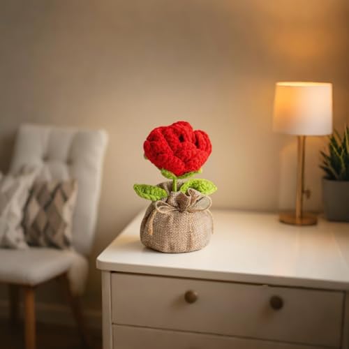 Crochet Red Rose Flowers Bouquet for Women Office Desk Decor - color: Boho Red Rose